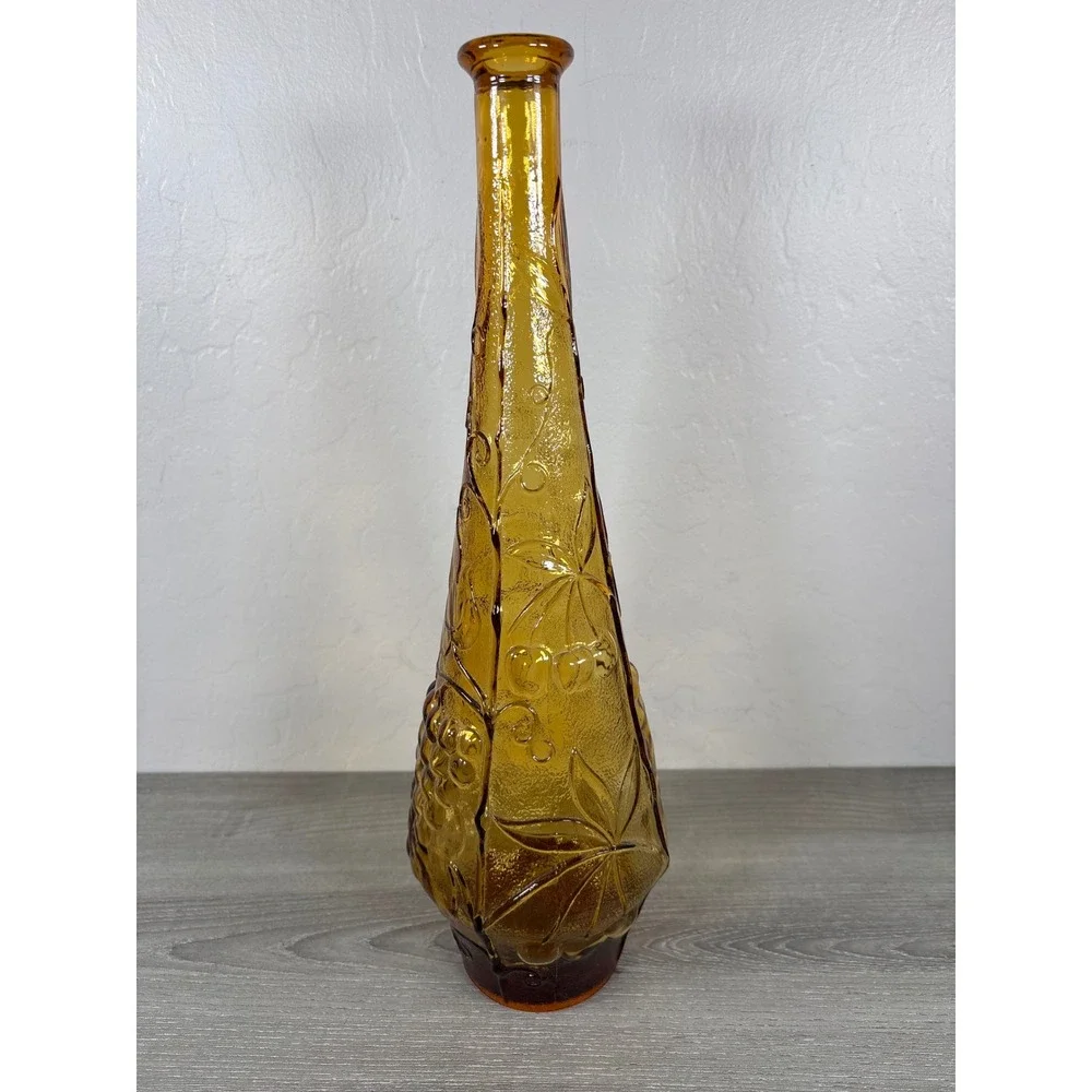 Vintage Empoli Amber Glass Genie Bottle Decanter Floral Embossed Grapes MCM 15.5